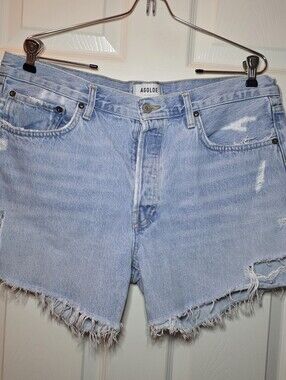 Agolde Parker Long Shorts Light Wash Cotton, 32 Distressed